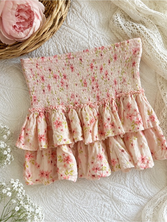 Sky To Moon Dresses & Skirts - Sky to Moon Pink Floral Smocked Tiered Ruffle Mini Skirt Size Large